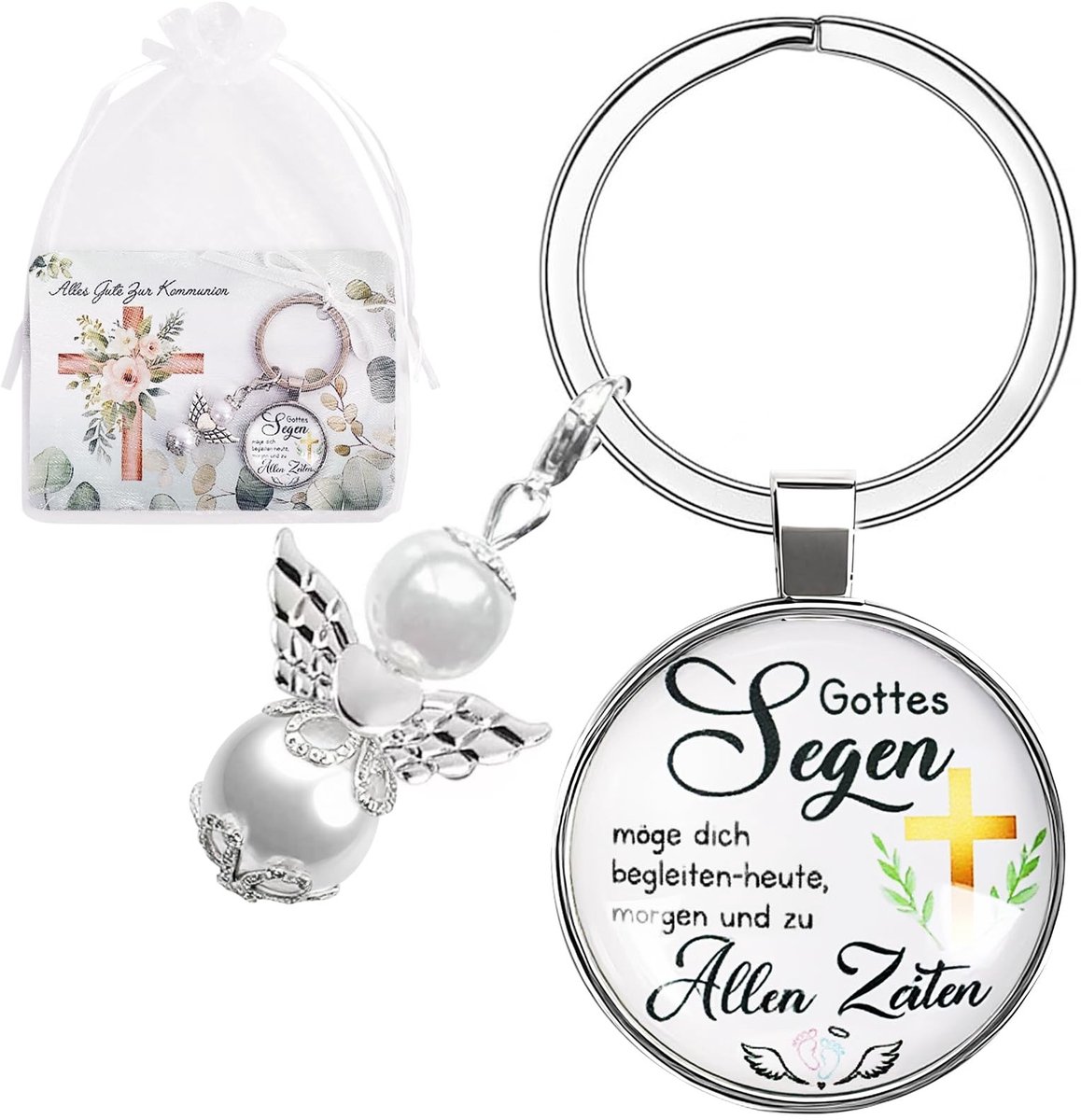 Elzusha - Sleutelhanger Set met Engel en Wenskaart - Wit Organza Pouch