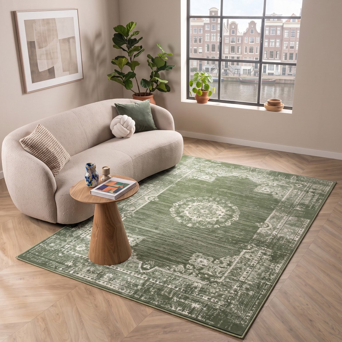 flycarpets Antico Vintage Vloerkleed - Groen - Laagpolig Tapijt Woonkamer - 240x340 cm