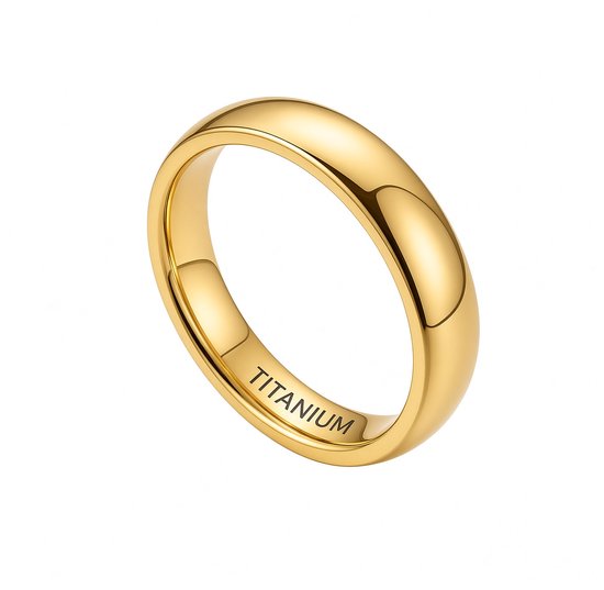 Goudkleurige, gewelfde titanium ring met 'TITANIUM' tekst aan de binnenkant.