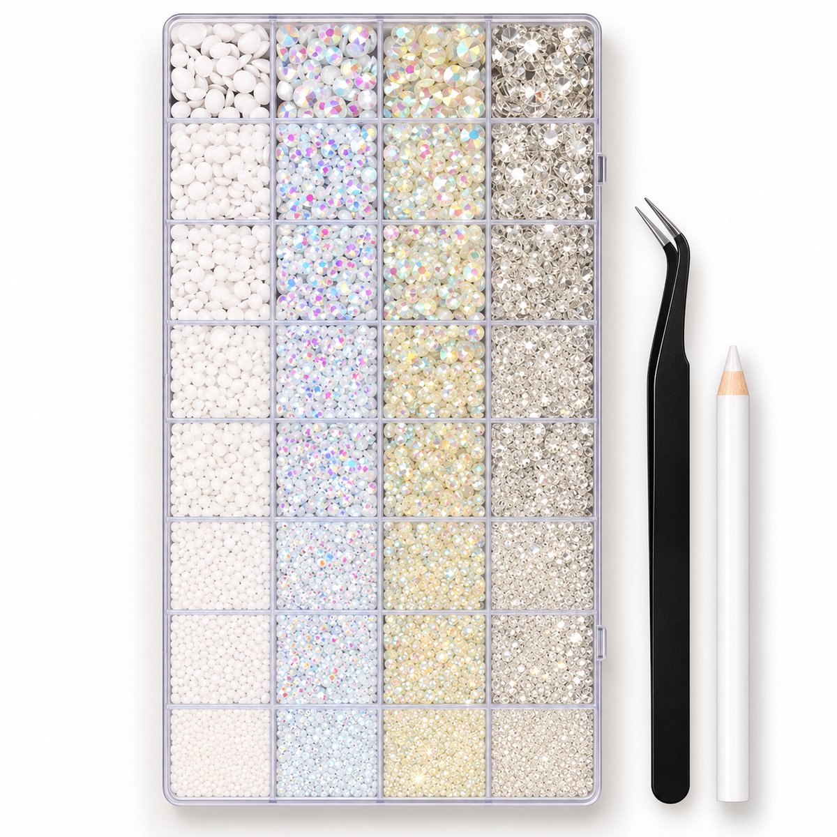 Currero Bedazzle Kit - Bedazzling - Plakstenen - Strass Steentjes - DIY Versieren - 32 Vakken - Nagel Decoratie - Met Pincet En Applicator - 3/4/5/6mm - Wit