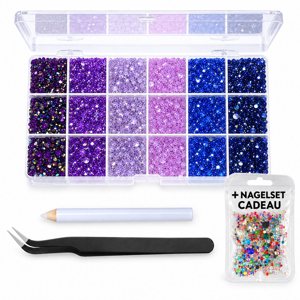 Currero Bedazzle Kit - Bedazzling - Plakstenen - Strass Steentjes - DIY Versieren - Set Met 14.500 Steentjes - 18 Vakken - Nagel Decoratie - AB Glitter - 3/4/5mm - Stijl B
