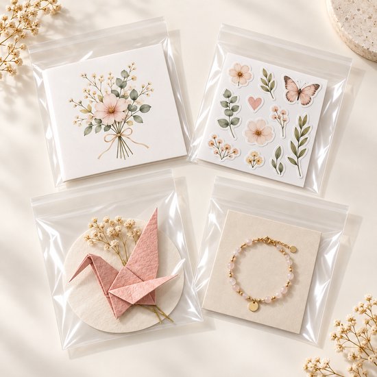 Vier transparante zakjes. Eén met bloemen, één met stickers, één met een origami kraanvogel, één met een armband.