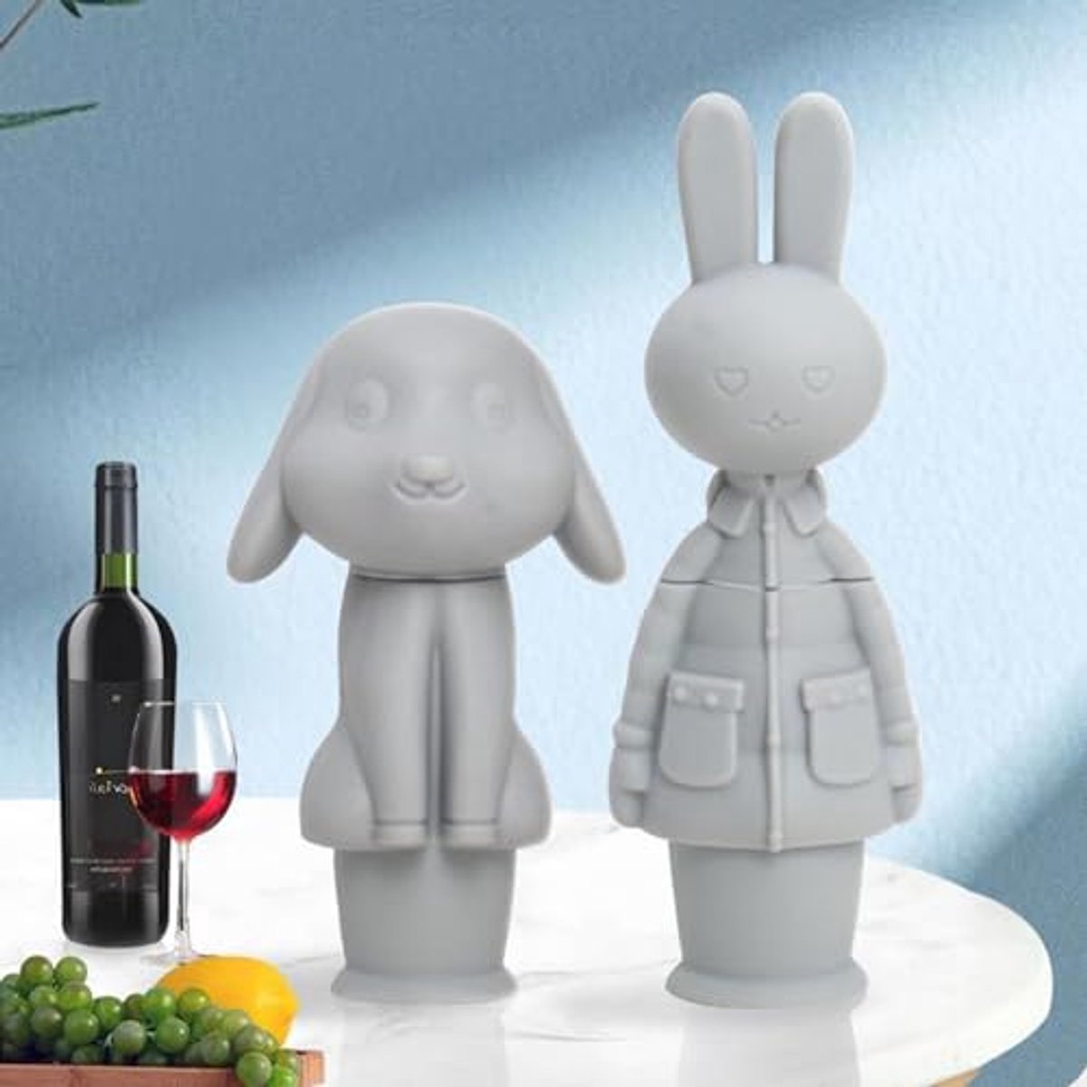 Wijnstopper - festival dop - Bier stopper - Champagne Stopper - Wijn Dop - Flessenstop - bierpakket - Konijn - siliconen - siliconen Stopper - flessendop voor festivals - grijs - 2 stuks