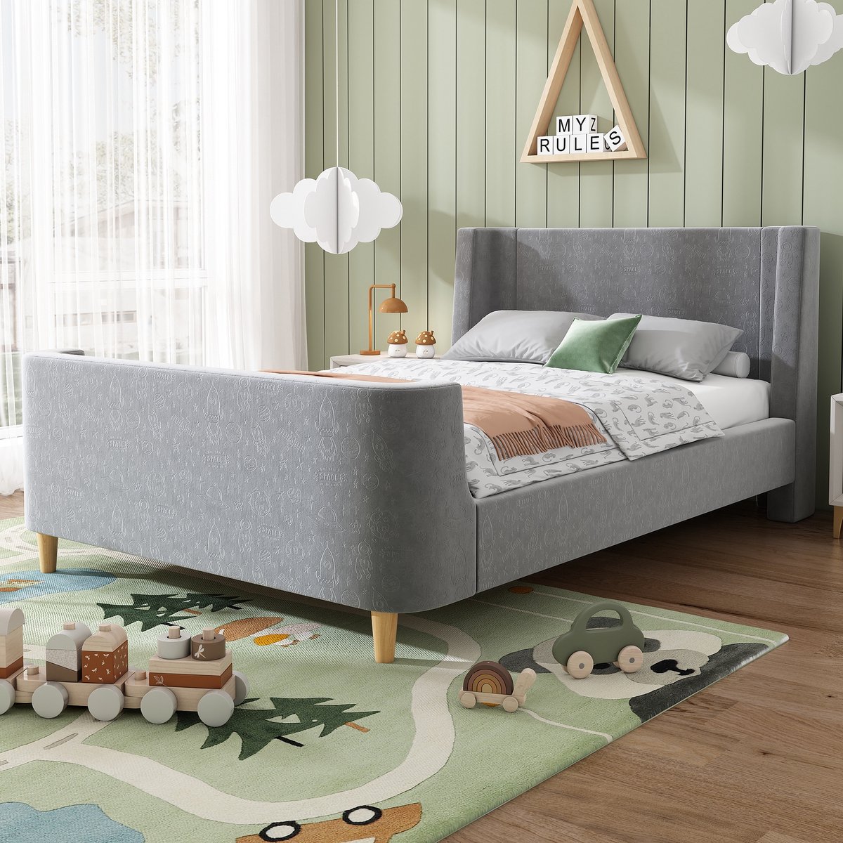 Sweiko Kinderbed - 90 x 200 cm - Met kosmisch motief - Velvet - Zonder matras - Grijs