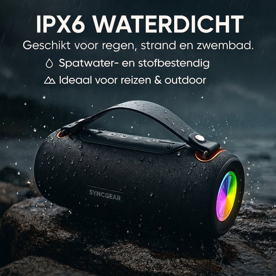 SyncGear Bluetooth Speaker 30W - Draagbare Draadloze Speaker met RGB Lichtshow - FM Radio - IPX6 Waterdicht - Kleur: Zwart van SyncGear — afbeelding 4