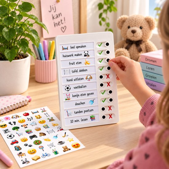 Een wit planbord met takenlijst en afvinkvakjes. Naast het bord liggen stickervellen met emoji's en icoontjes.