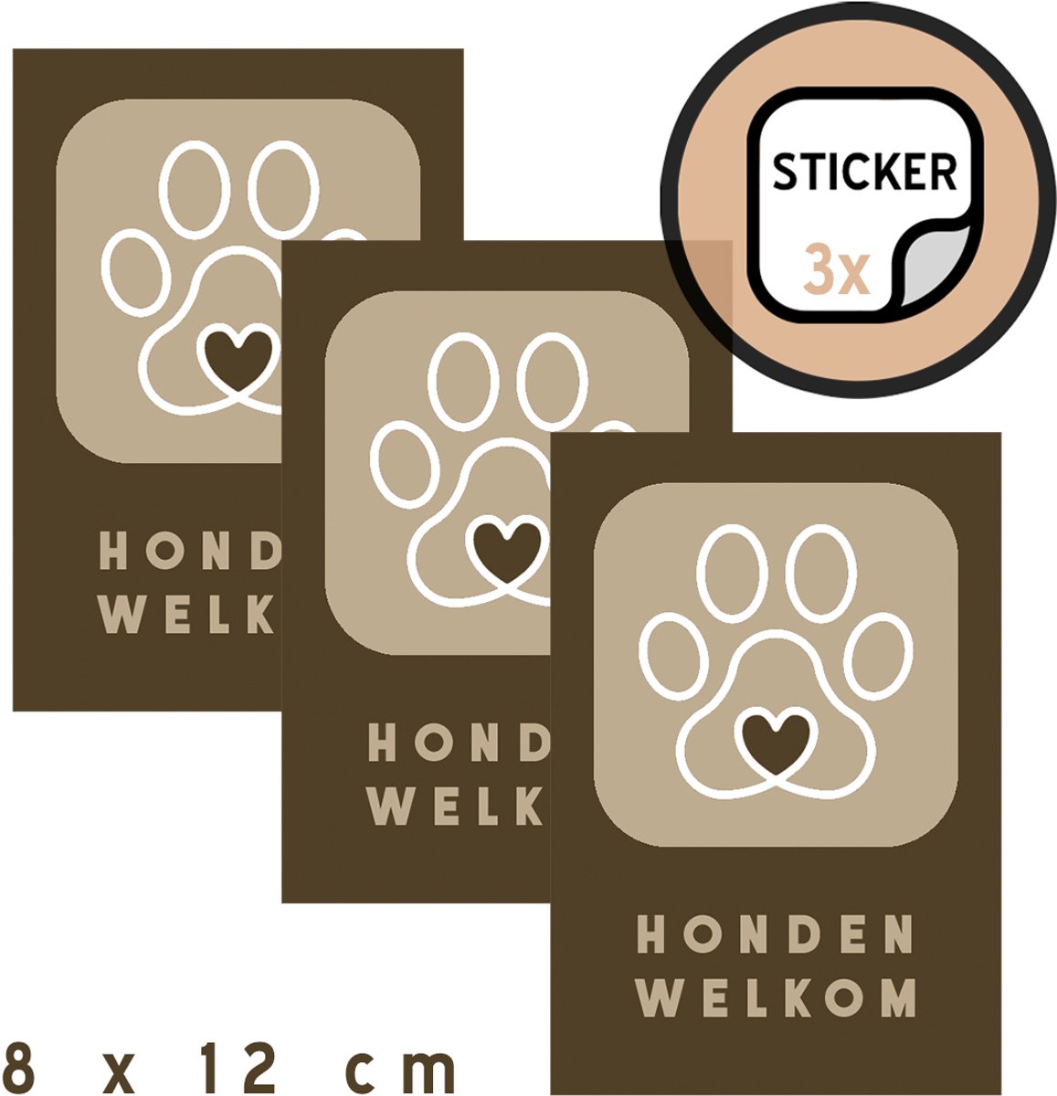 Deurstickers (3x) | "Honden welkom" | 8 x 12 cm | Nederlandstalig | Bruin| Huisdieren | Dieren | Sticker | Zelfklever | Diervriendelijk | Vitrine | 3 stuks