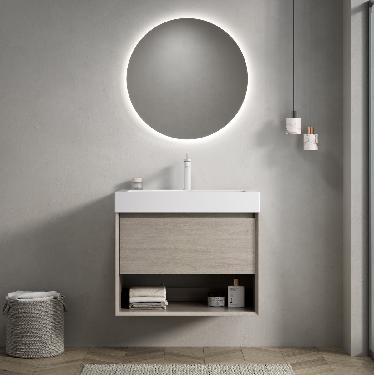 DESMIU Badkamermeubel - Wandgemonteerd Met Witte Kunsthars Wastafel - Lade En Open Vak Voor Badkamer - Multiplex - 70x46x60 Cm - Licht Eiken