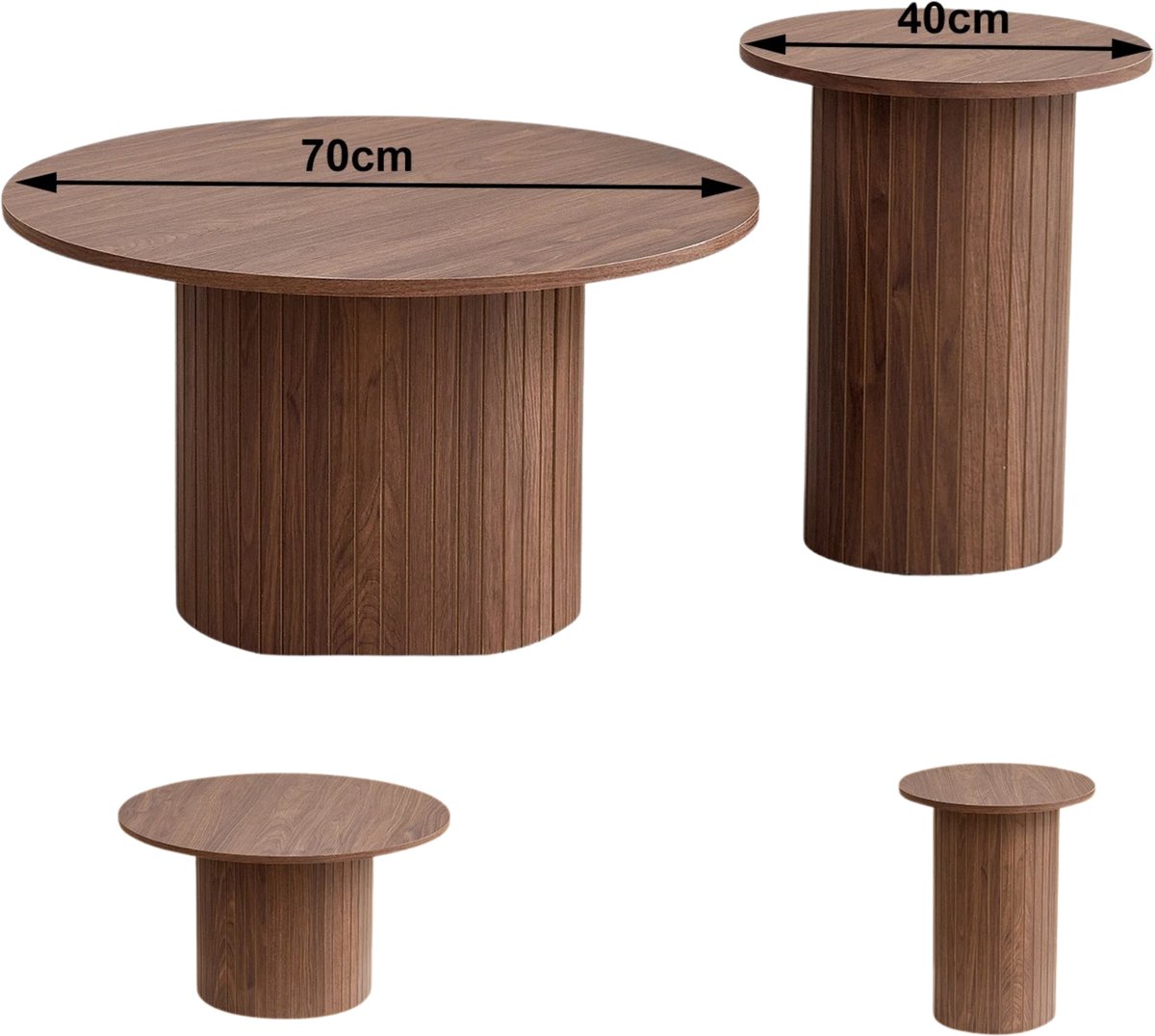 Homezo set van 2 ronde salontafels - Bijzettafels - Donker hout - Scandinavische stijl - Modern - Ø 70 x H 40 cm - Ø 40 x H 50 cm