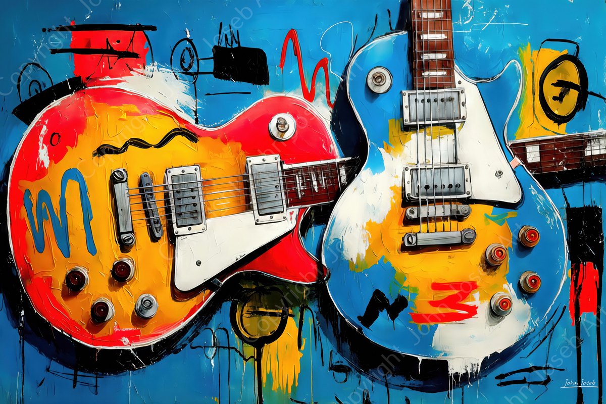 John Joseb Art (Glas) 120x80 | Gitaren, abstract, Herman Brood stijl, kleurrijk, kunst, muziekinstrument, gitaar, muziek, rood, blauw, wit, geel, modern | Foto-schilderij-glasschilderij-acrylglas-acrylaat-wanddecoratie