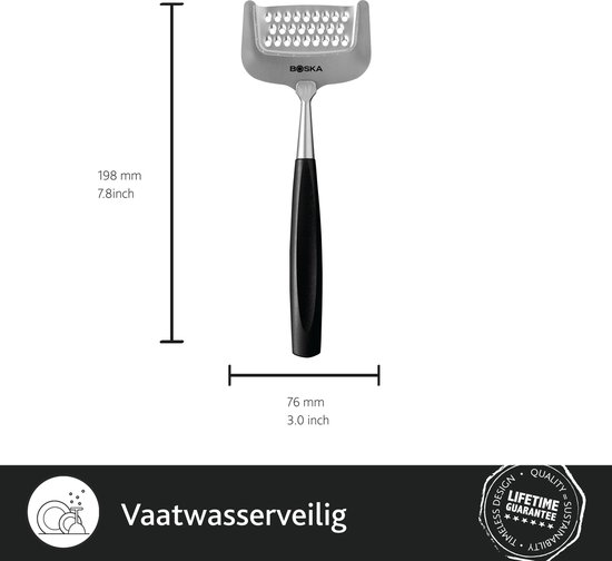 Boska kaasrasp Milano+ met zwart handvat, met afmetingen 198mm x 76mm.