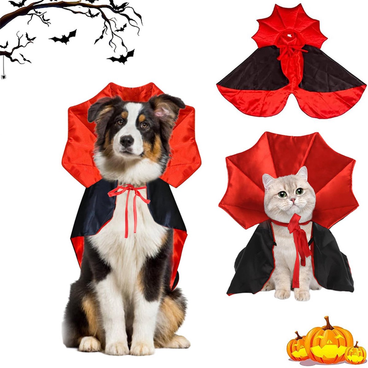 Halloweenkostuum voor honden van 50 cm, vampier-duivelmantel/cape voor kleine, middelgrote en grote honden, met verstelbare nekband.