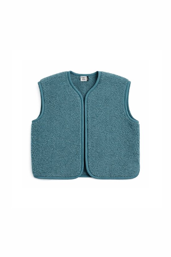 Blauwgroen Alwero gilet van zachte teddywol met een ronde hals en biesafwerking.