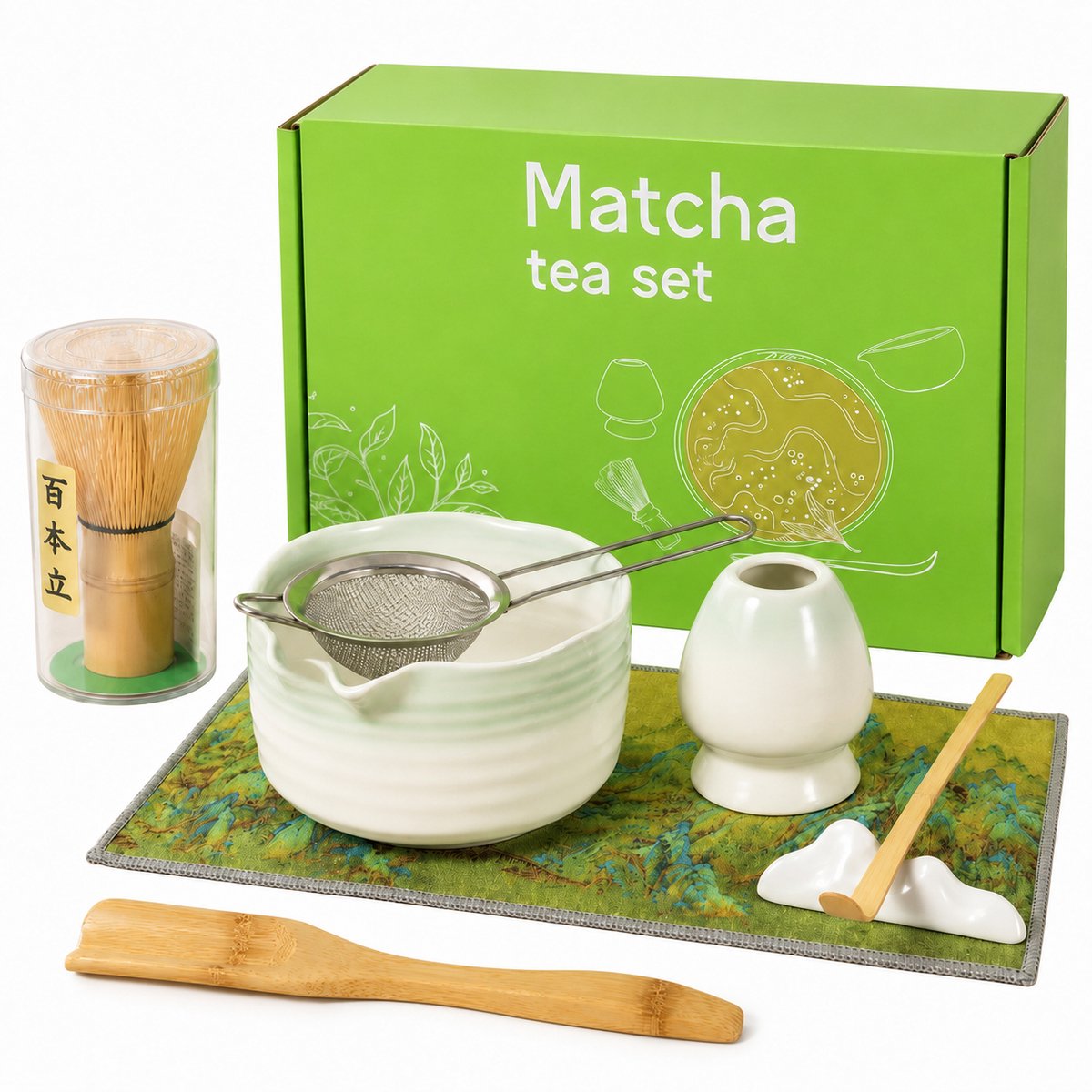 LOVHAUS 8-delige Matcha Set Groen – Kom met Golvende Rand, Bamboe Garde & Accessoires