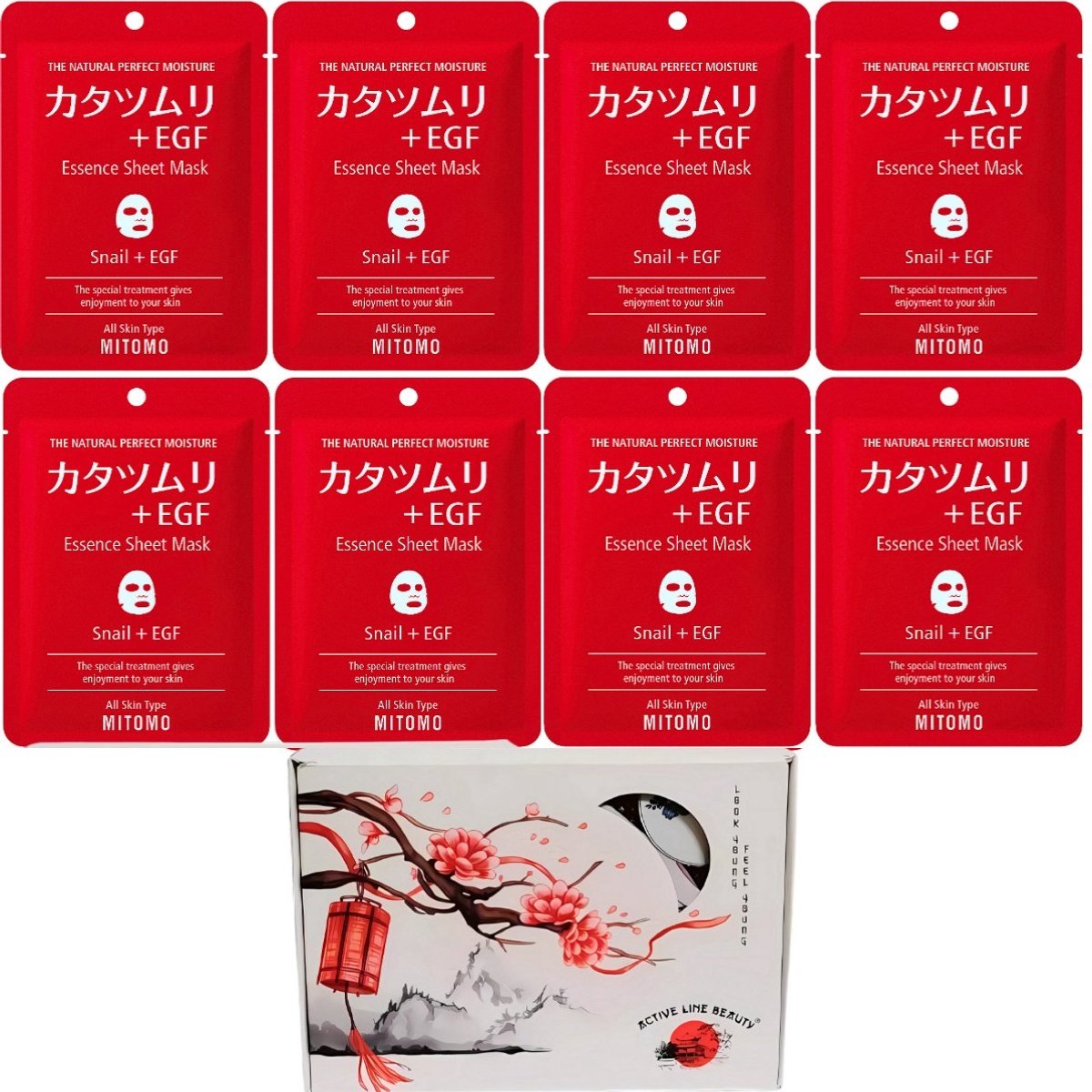 Mitomo Japan Slakkenslijm & Egf Beauty Face Mask Giftbox - Japanse Skincare Rituals Gezichtsmaskers met Geschenkdoos - Masker Geschenkset voor Vrouwen - 8-Pack