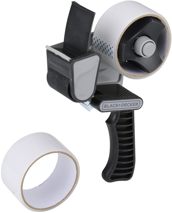 BLACK+DECKER tape dispenser met zwarte grip, grijze en zwarte details, en een rol verpakkingstape.