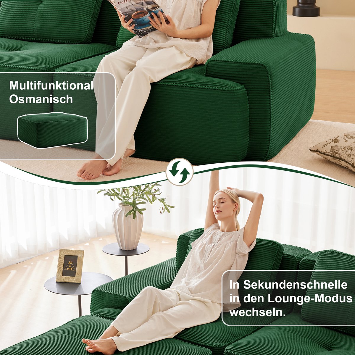 Woonkamer 4-zits bank - modulaire U-vormige chaise longue bank - corduroy wolkenbank - geen montage nodig - antislip ontwerp - groen