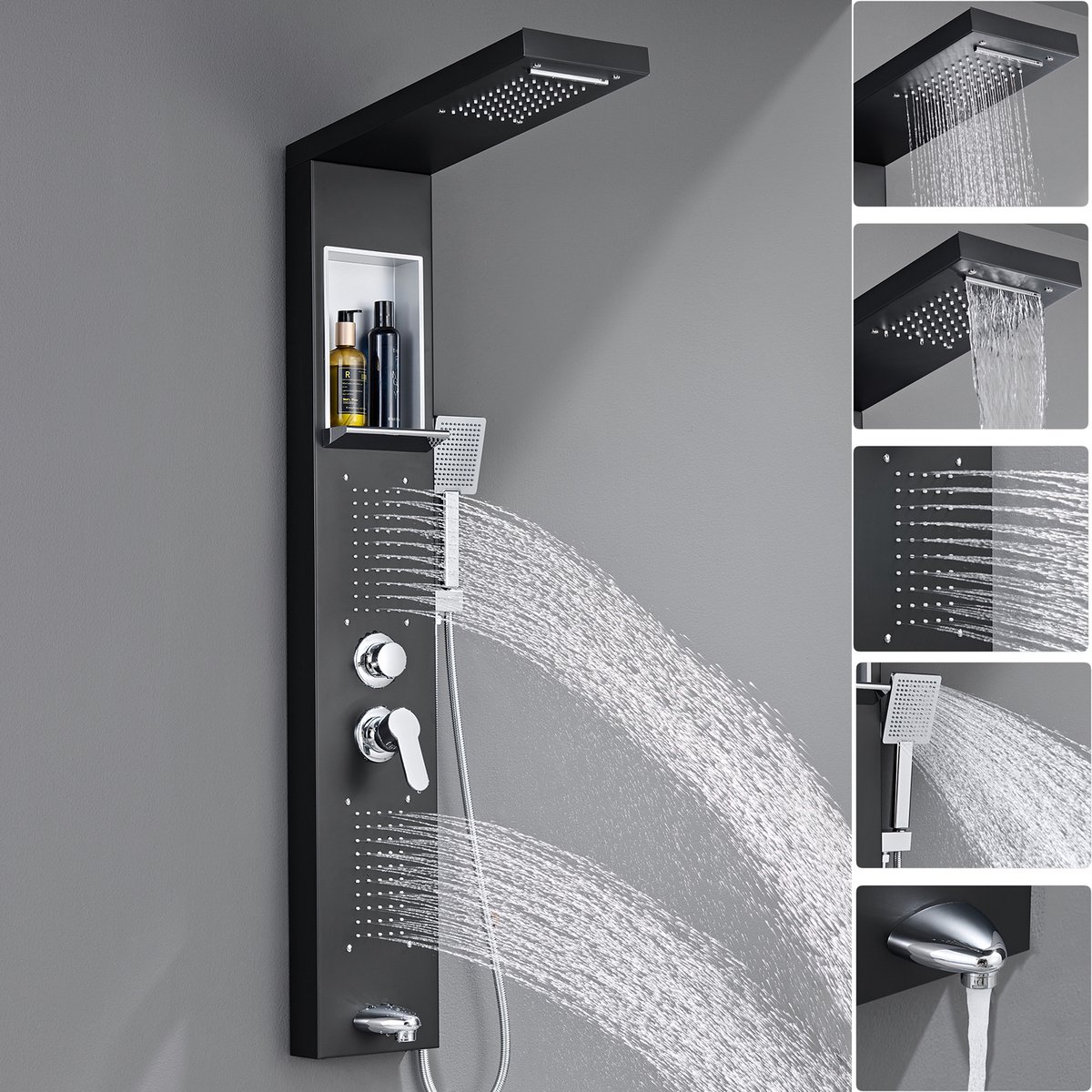 Auralum Max Douchepaneel met Mengkraan - Luxe Regendouche Douchekolom - 5 in 1 Douchesysteem - RVS - Massage Spa Jets - Douche Combinatie Set - Waterbesparend - Zwart