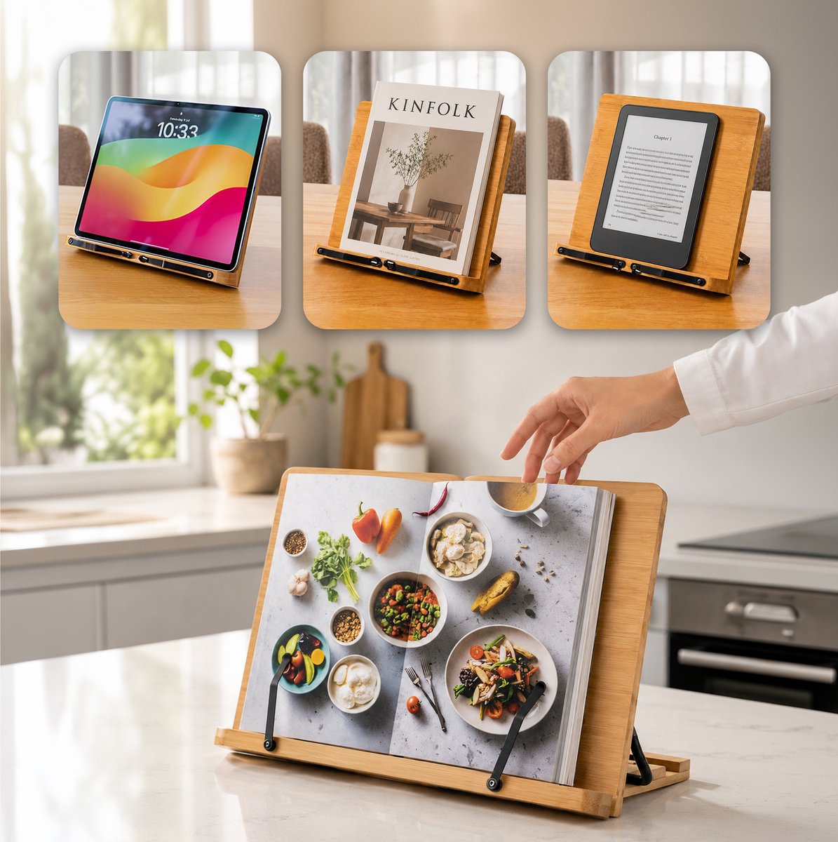 Kookboek en tablet standaard - Verstelbaar met klemmen - Boeken - Steun - Standaard - Rek - Houder - Book - Steunen - Metaal - Hout - Bamboe - Lees - Rekje - Luft — cadeau in Kookcadeaus - foto 5
