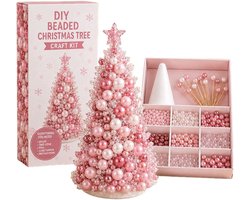 Kit DIY sapin de Noël avec perles - 15 CM - Rose - perles de type cristal et support en forme de sapin - décoration de table de Noël artisanale