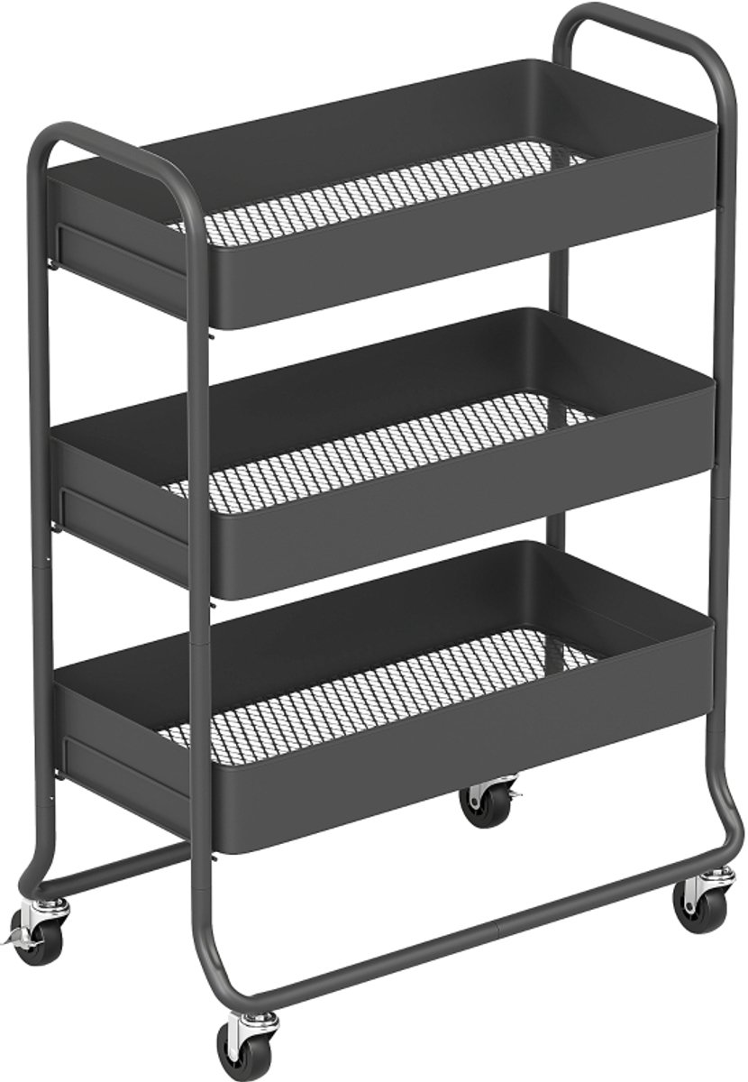 Keukenkar 64,5x34x87 cm Zwart Metaal Opbergkar Opbergrek Met 3 manden Stevig en duurzaam Makkelijk te verplaatsen Makkelijk schoon te maken Te gebruiken in de keuken, de woonkamer en de slaapkamer
