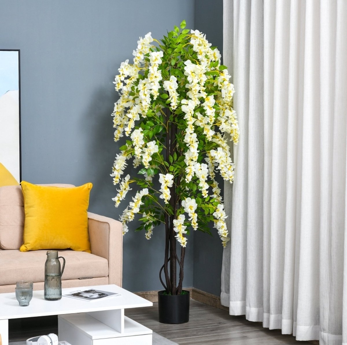 Kunstplant – Wisteria Met Bloemen – 165 cm – Kunststof – Wit – Voor Binnen & Buiten – Met Pot – 24 cm