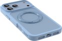 Lichtblauwe telefoonhoes met een mat grijze achterkant en een metalen ring, die ook dienst doet als standaard.