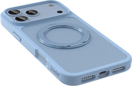 Lichtblauwe telefoonhoes met een mat grijze achterkant en een metalen ring, die ook dienst doet als standaard.