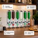 Chroom en aluminium drankdispenser voor 6 flessen met diverse gekleurde dranken. Makkelijk te installeren, stijlvol aluminium ontwerp, perfect voor feesten.