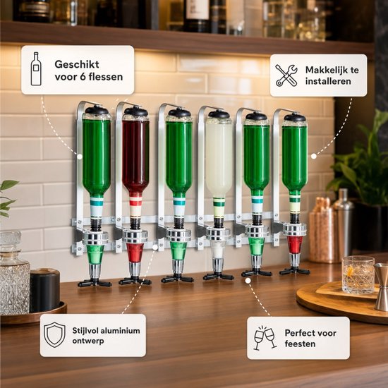 Chroom en aluminium drankdispenser voor 6 flessen met diverse gekleurde dranken. Makkelijk te installeren, stijlvol aluminium ontwerp, perfect voor feesten.
