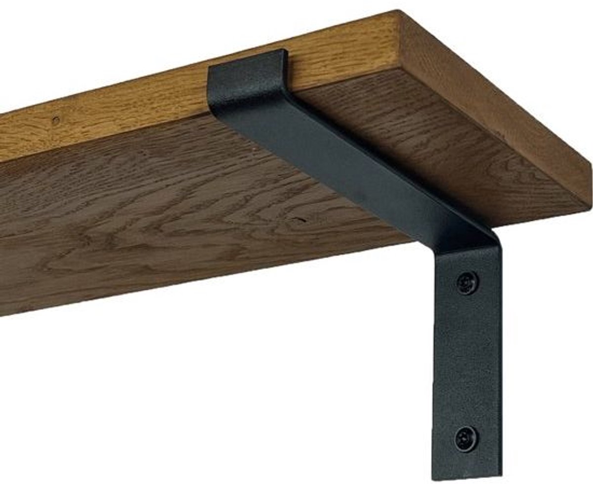 GoudmetHout Donkere Eiken Wandplank - 240x20 cm - Plankdragers L Mat Zwart Donker eiken