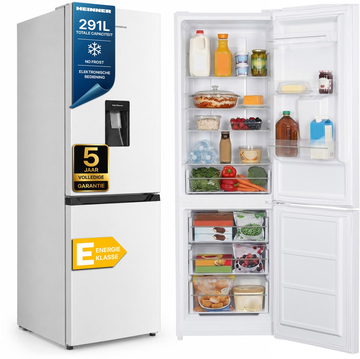 Heinner HCNF-HM291WDE++ Koel-vriescombinatie met Waterdispenser – 291 L – No Frost – Elektronische Temperatuurregeling – Wit – 5 Jaar Garantie