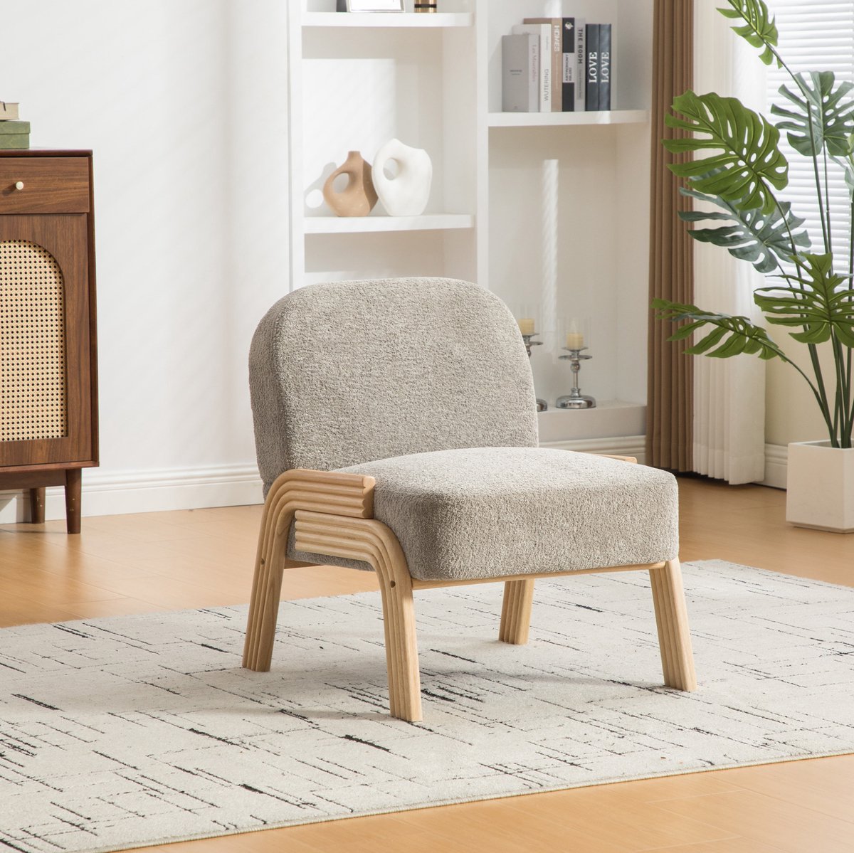 MEUNIQ Fauteuil van grijze chenillestof met houten poten, 72 x 61 x 78 cm, gestoffeerde loungestoel voor woonkamer, slaapkamer of wachtruimte Grijs