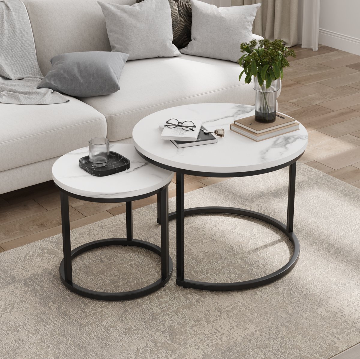 MEUNIQ 2-delige ronde salontafelset 60 en 40 cm – nesttafels met wit marmerlook blad en zwart metalen frame voor woonkamer