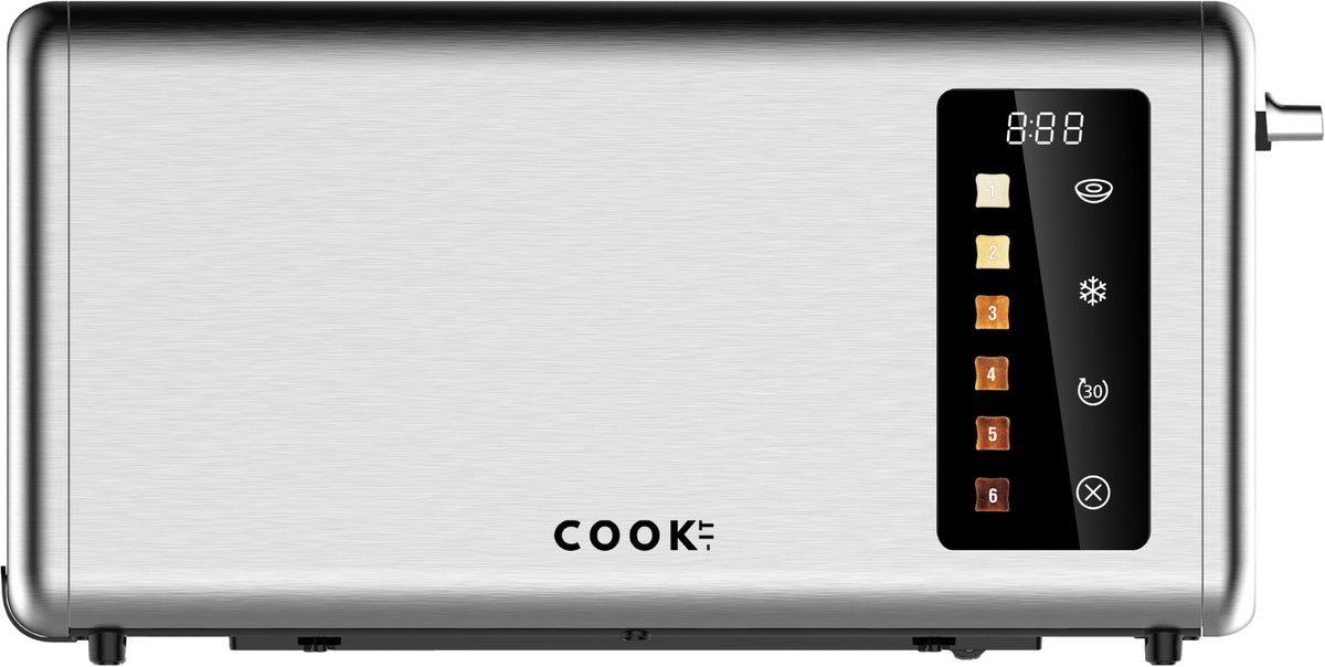 COOK-IT Broodrooster XL – 4 Sneetjes – Extra Brede Lange Sleuf – LED Display met Timer – 6 Bruiningsstanden – 1400W