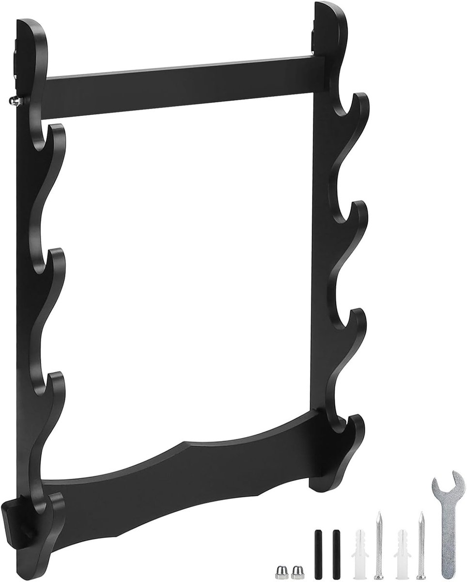 4-traps Zwarte Katana Wandhouder van Hout 51x35cm voor Zwaarden, Visspullen en Decoratie