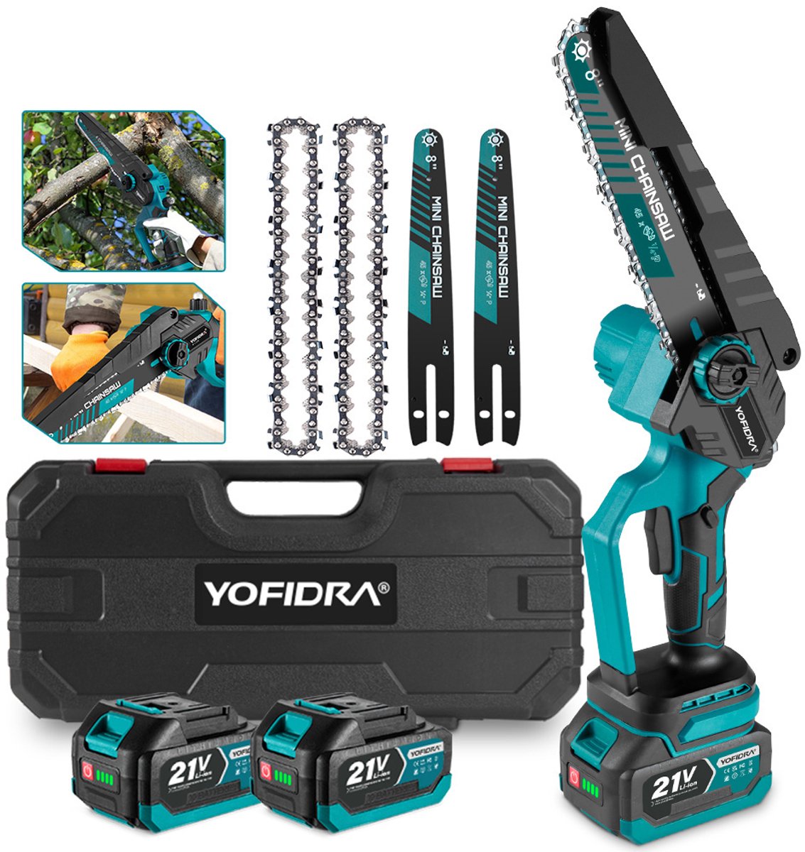 Yofidra Elektrisch Kettingzaag - 8 inch Kettingzaag - met 2x Accu's - Borstelloze Handkettingzaag - Automatische Kettingsmering