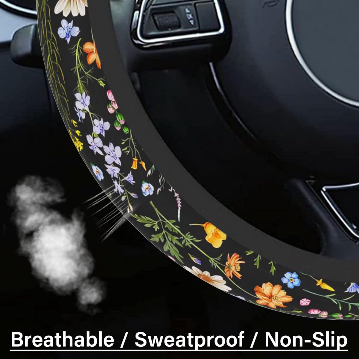 Stuurhoes – Unisex – Autostuurhoes – Leuk veldbloemenmotief – Antislip & ademend – Universele maat – Geschikt voor sturen van 14 tot 15 inch – Zwart – foto 4