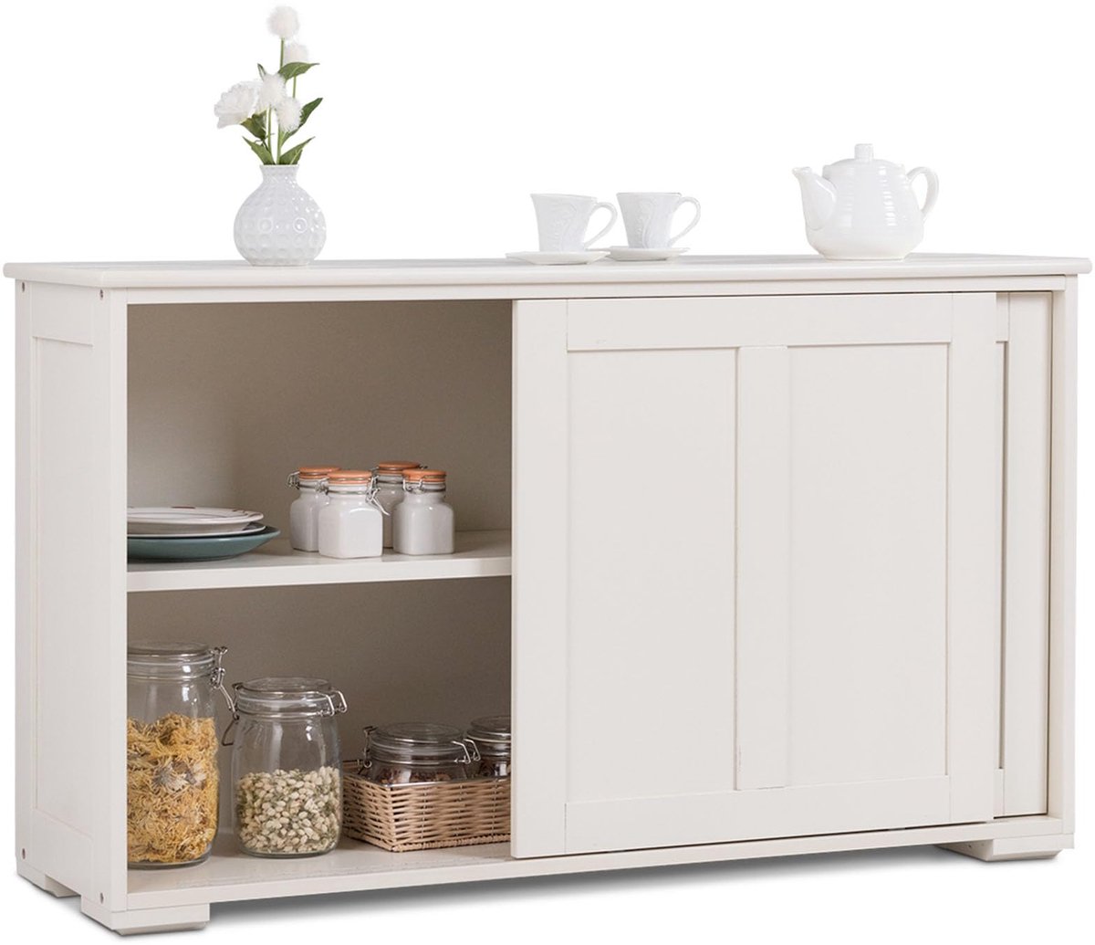 COSTWAY Sideboard, keukenkast met schuifdeuren, in hoogte verstelbare plank, bijzetkast voor keuken, eetkamer en woonkamer, 107 x 33 x 60 cm, crèmewit