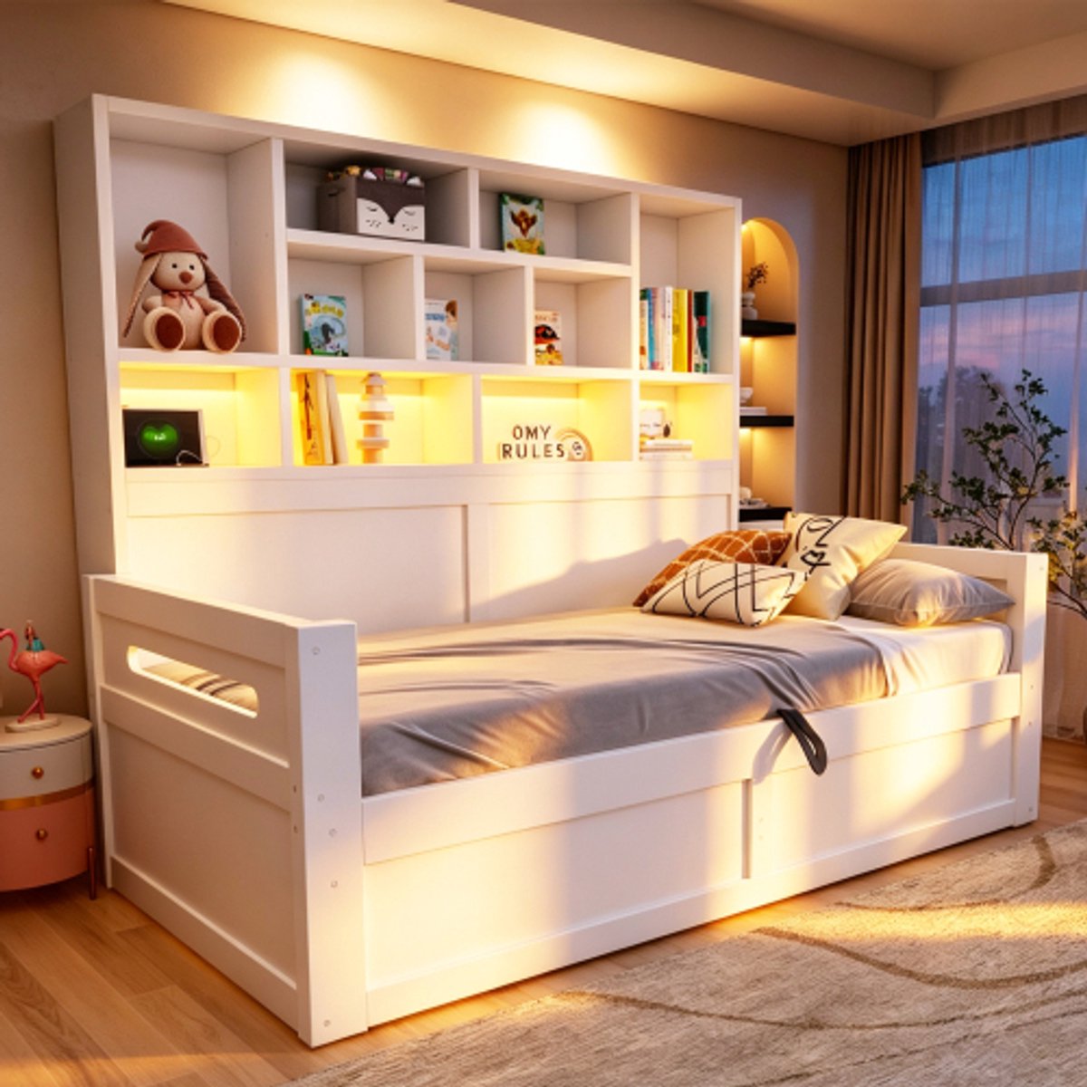 Zubaliya Houten Slaapsofa & Eenpersoonsbed 90x200 cm - Wit Jeugdbed met LED Verlichting, Stopcontacten & Hydraulische Opbergruimte - Multifunctioneel Dagbed & Bed met Opbergruimte
