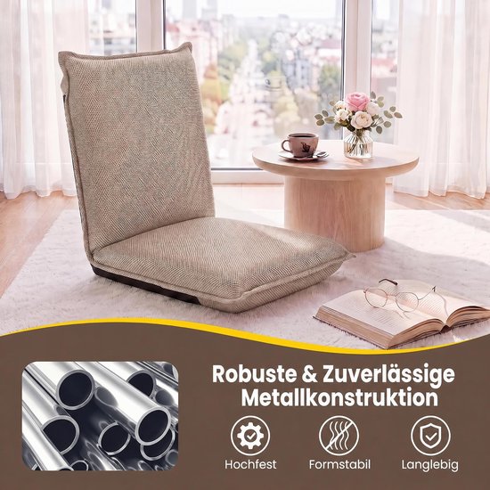 Beige vloerstoel in een woonkamer, met tekst 'Robuuste & betrouwbare metaalconstructie'.