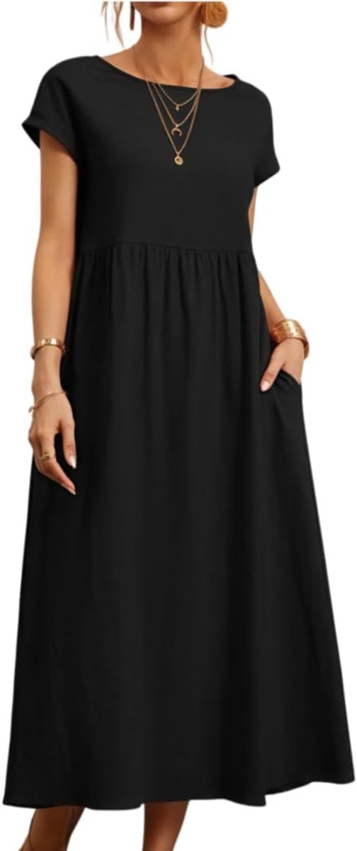 Zomerjurk voor dames, casual, ronde hals, korte mouwen, vrijetijdsjurk, blousejurk, elegante midi-jurk, casual wikkeljurk, strandjurk met zakken, elegant, knielang, comfortabele herfstjurk, lente