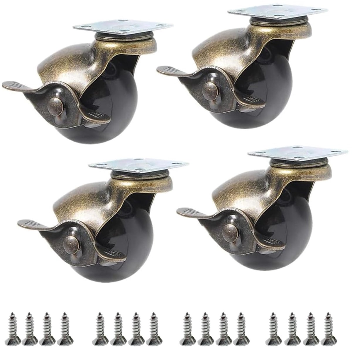 kogelwielen, 50 mm, retro-meubelwielen voor stoelen, bijzettafels, theewagen, 120 kg totale draagkracht (set van 4) met parkeerrem