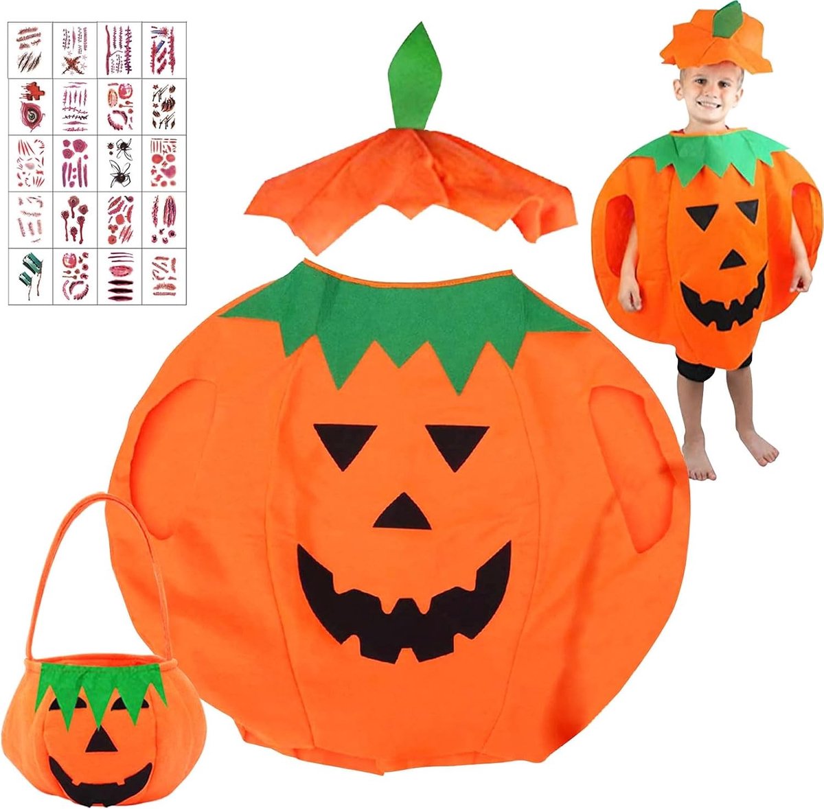 Halloween Kostuum voor Kinderen met Pompoen Thema, Hoed en Mand, 20 Littekens Tatoeages, Geschikt voor Carnaval en Verkleedpartijen voor Jongens en Meisjes