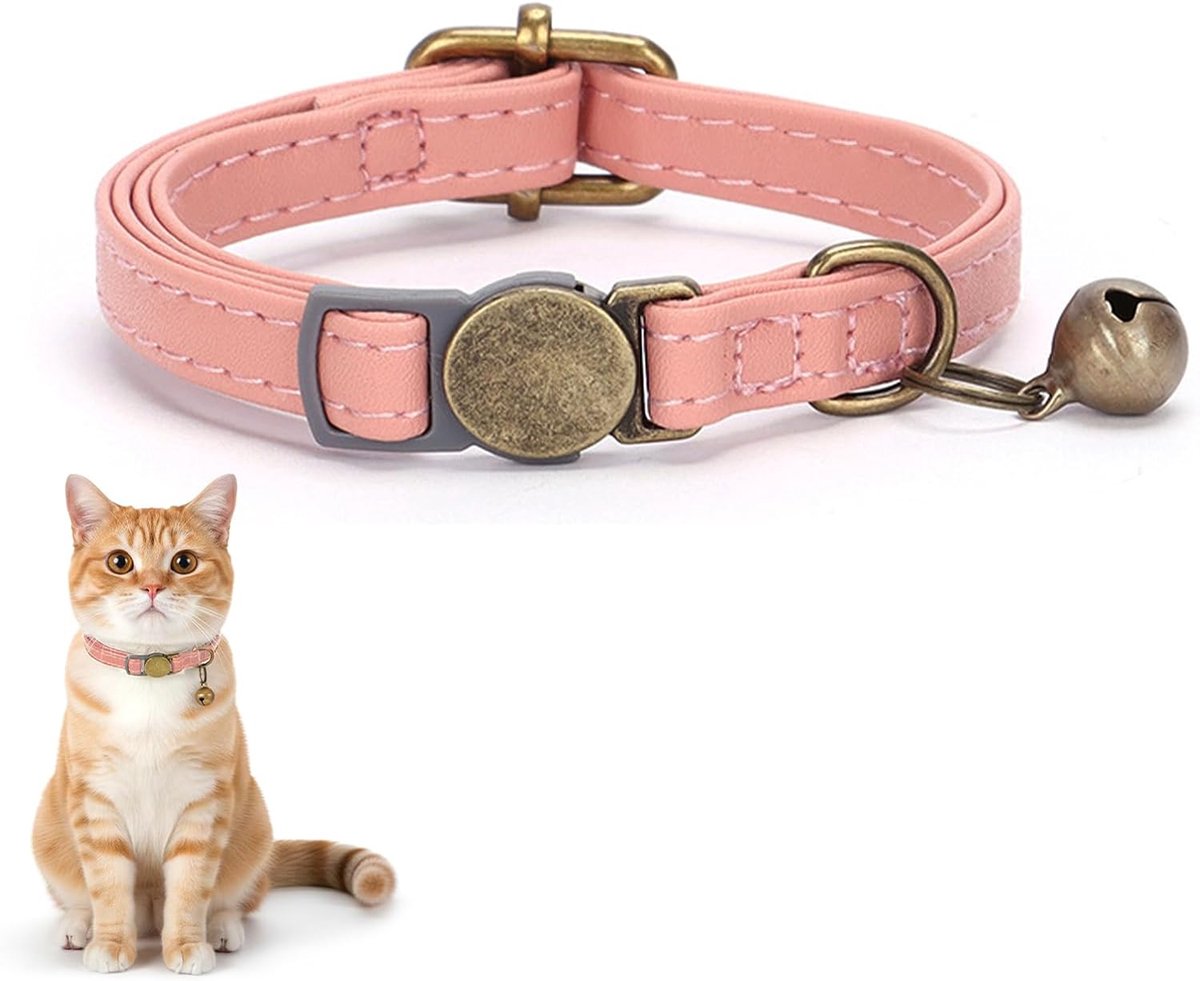 Kattenhalsband van zacht leer, Break-Away veiligheidshalsband met bel, verstelbaar & duurzaam, lief roze halsband voor kittens