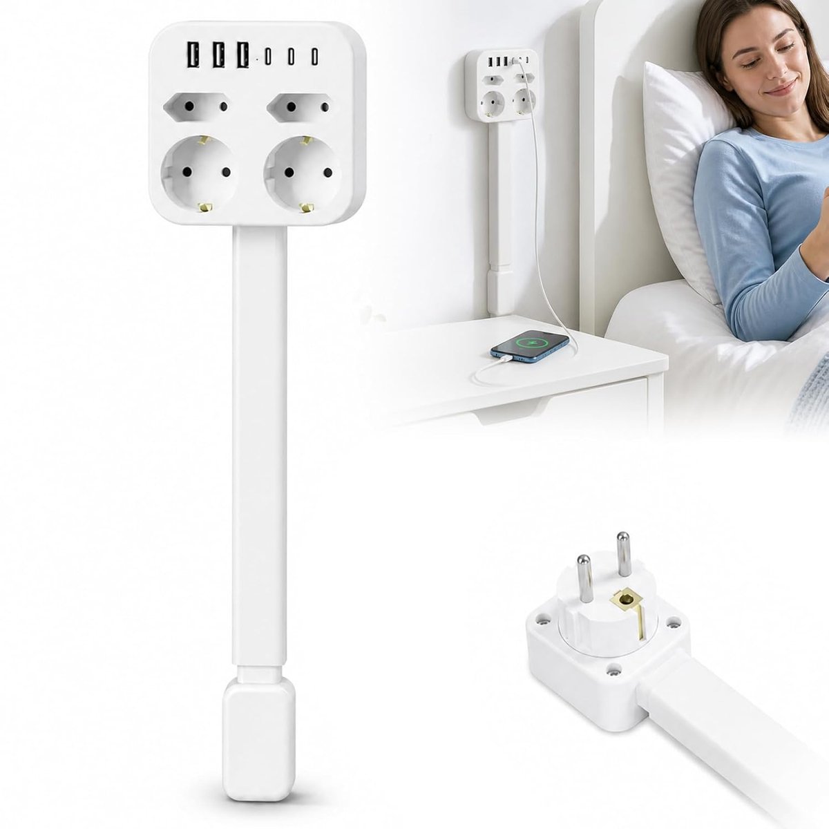stekkerdoos, uittrekbaar, 45-65 cm, stekkerdoos met USB, 3 USB en 3 type C meervoudige stopcontacten, 4 AC-stopcontacten, stekkerverlenging, wandmontage voor bank, bed, bureau