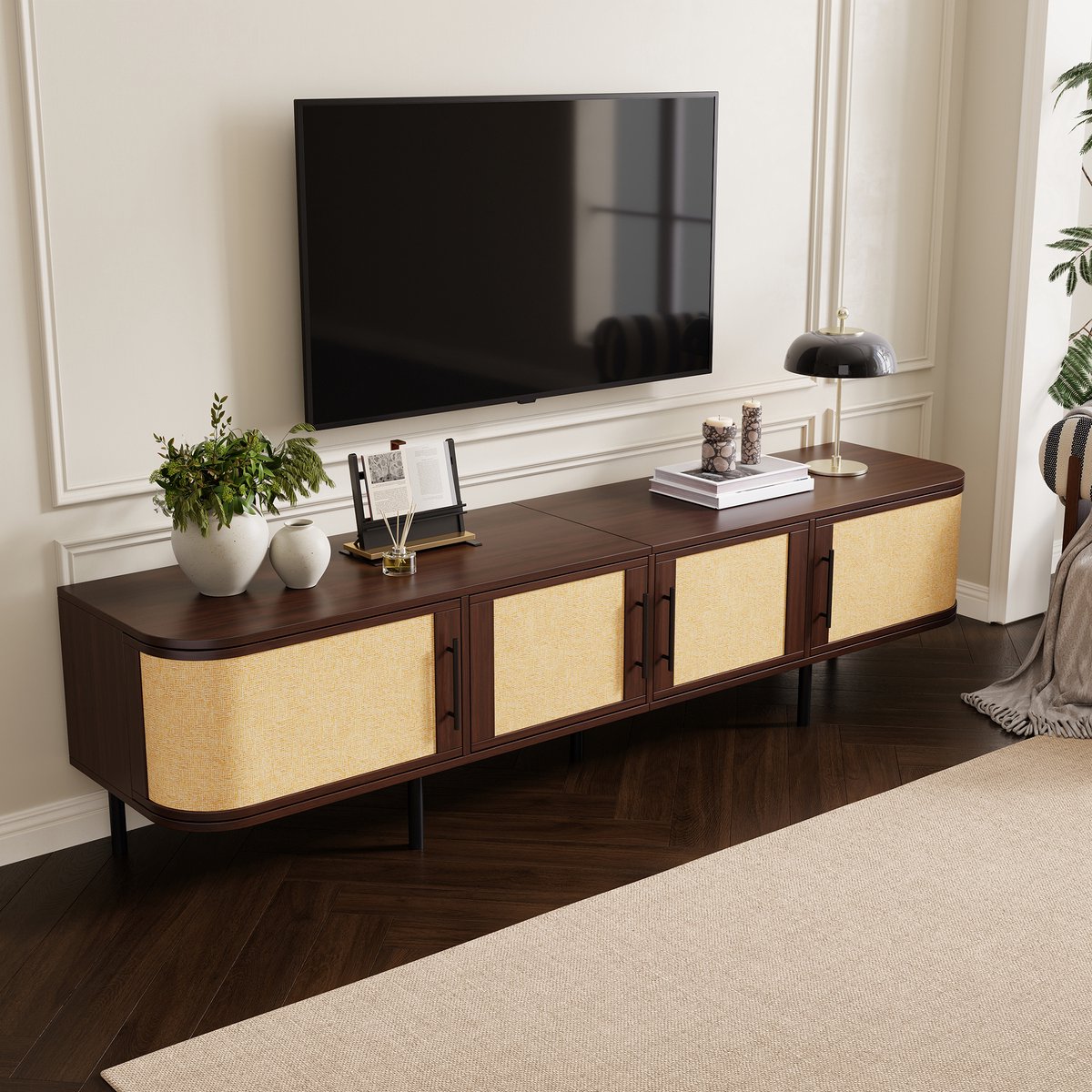 MUVANO TV Meubel Walnoot 180 cm - TV Kast Met Vlechtwerk - Modern TV Dressoir-Lowboard Met 4 Deuren - 180x40x45cm- Opbergruimte - Woonkamer Walnoot