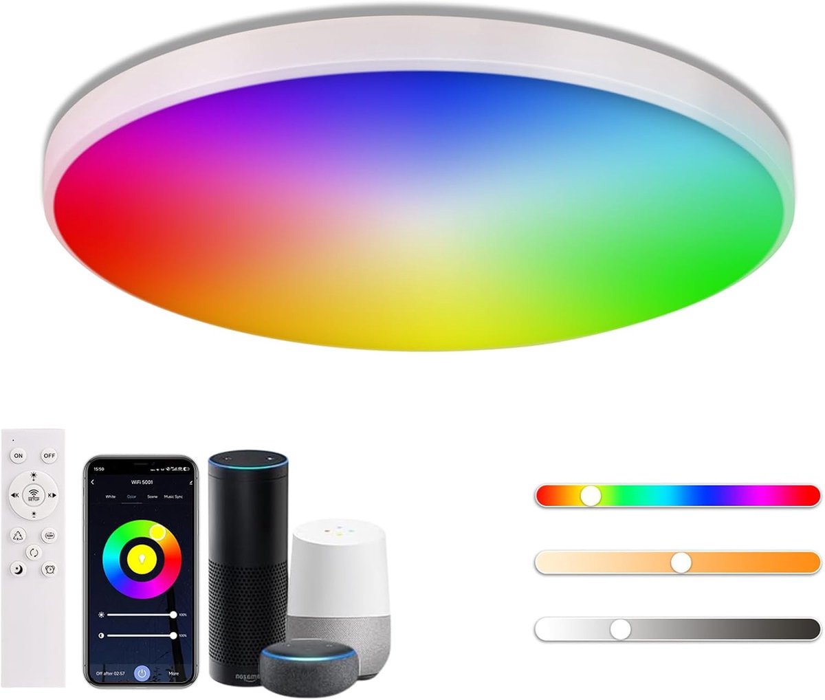 Plafondlamp RGB+CCT met Afstandsbediening, 24W Dimbaar Smart Lampen kleurwisselend Plat LED-paneel Ø30cm, compatibel met Alexa & Google Home, Moderne Woonkamer/Slaapkamerlamp