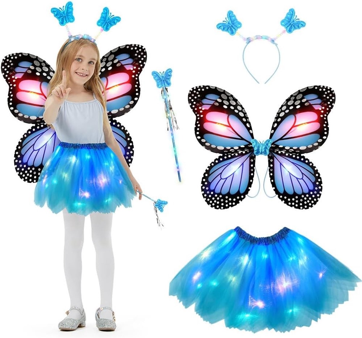 Betoverend meisjes kostuum set met glinsterende vlinder, verlichte tutu rok, vlinder vleugels, haarband en toverstok voor kerst en carnaval cosplay