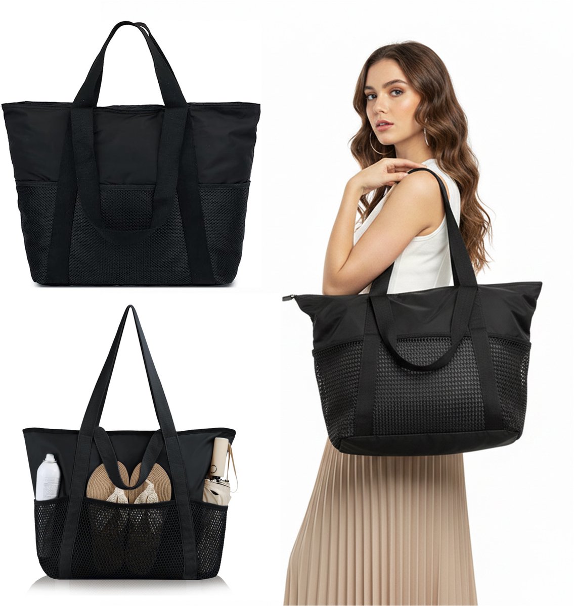 Strandtas XL - voor het hele gezin - grote waterdichte - Grote handtas voor dames met ritssluiting - zandbestendige opvouwbare tas voor dames met ritsvakjes van mesh voor dagelijks gebruik bij het zwembad - Zwart